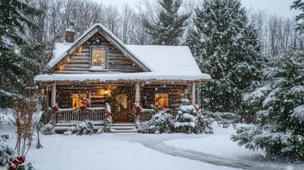 Snow-covered log cabin decorated for Christmas in a winter scene