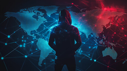 Hacker are planning to hack and attack networks and cyber security systems.team people innovation connection of line from nail node to node on map background , networking concept