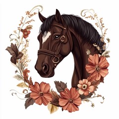 horse with flowers, horseshoe made of flowers with a horse on a white background, retro style.horseshoe, brown horse