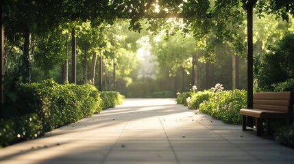 Fototapeta premium Sunlit park path with bench, lush greenery, and trees.