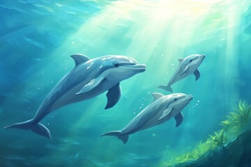 A pod of dolphins surfaces to play amidst the ocean