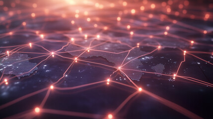Abstract digital landscape with glowing network lines connecting nodes across a world map, symbolizing global connectivity, technology, and data communication.