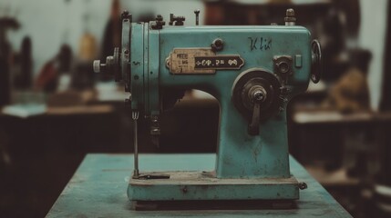 Fototapeta premium Vintage teal sewing machine on table in workshop.