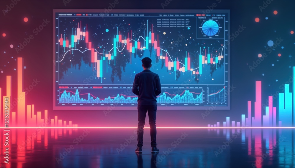 Leinwandbilder person observes financial data displayed on large screen showing charts, graphs. visualizations illu