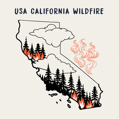 USA California wildfire pollution Natural disaster landscape silhouette and map vector 