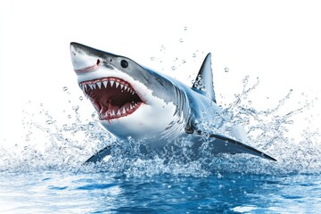 Naklejka premium A shark leaping out of the water with a splash, presented in PNG with a clear background suitable for ocean and marine life imagery