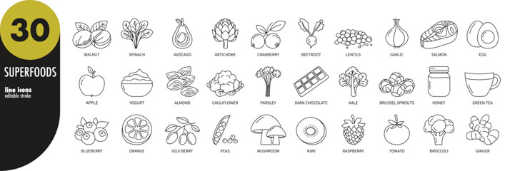 Superfoods, healthy food, detox, diet editable stroke thin line icons set. Kale, berries, spinach, parsley, nuts, beetroot, ginger, salmon, peas, honey, yogurt. Outline icons, vector illustration