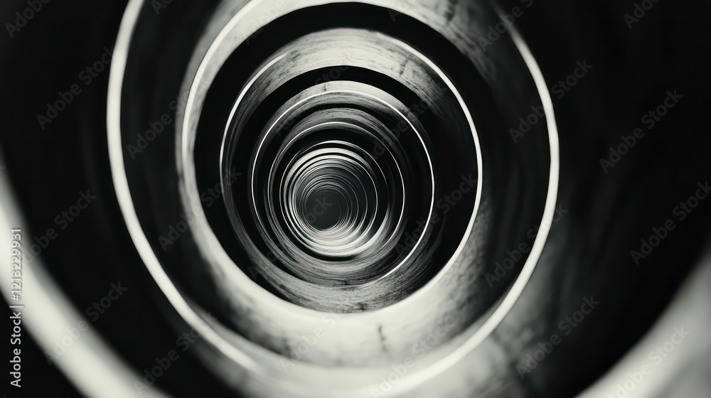 Poster Abstract monochrome image of nested spirals receding into darkness, creating a hypnotic visual effect.