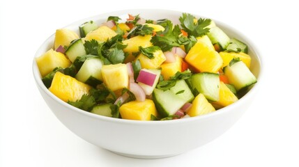 A refreshing bowl of mixed fruit ceviche with diced mango, pineapple, cucumber