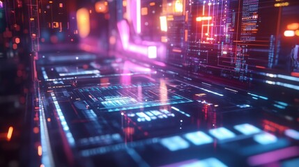 Futuristic server room processing vast amounts of big data, featuring digital displays showcasing intricate code within a vibrant technological environment illuminated by pink and blue lights