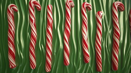 Rows of red and white candy canes on a green background