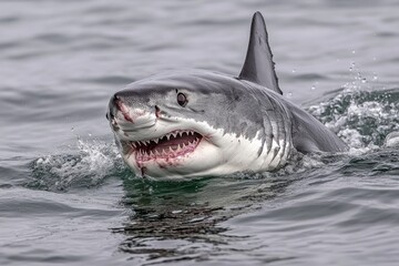 Naklejka premium A great white shark moves gracefully through the deep blue waters illuminated by natural sunlight