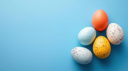 Colorful Easter eggs with speckled patterns a blue background with copy-space, top view