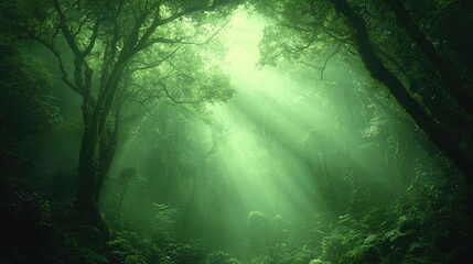 Fototapeta premium Sunbeams pierce misty rainforest canopy, lush green foliage, background tranquility, nature backdrop