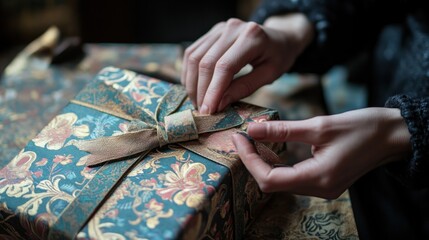 Obraz premium Woman's hands wrapping gift, festive interior, holiday season