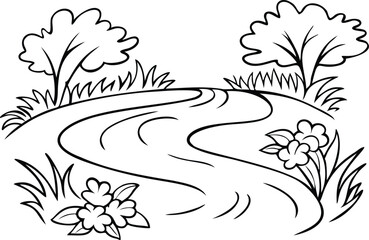 Obraz premium Flowing River with Blooming Plants Line Art Vector Illustration for Book Design