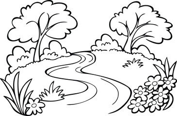 Flowing River with Blooming Plants Line Art Vector for Book Design
