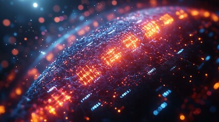 Obraz premium A futuristic digital display of chromosomal arrangement, showing genetic data and markers in vibrant colors. 230