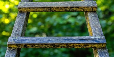 Naklejka premium Weathered Wooden Ladder Against Blurred Green Background: Ideal for Home and Garden Projects