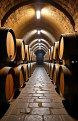 Old wooden barrels line long underground cellar. Wine aging process happening in ancient wine storage. Stone-paved floor. High quality interior photo shows vintage barrels. Traditional winemaking in