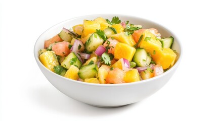 A refreshing bowl of mixed fruit ceviche with diced mango, pineapple, cucumber
