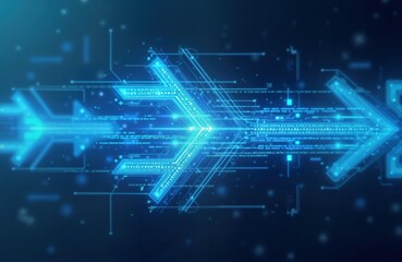 Obraz premium Abstract tech illustration with blue glowing arrows, code elements. Dynamic graphic highlights data transfer digital marketing trends. Futuristic tech concept shows progression, growth. Suitable for