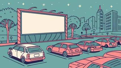 Drive-in cinema with cars in a summer night city, glowing screen, and urban film festival.