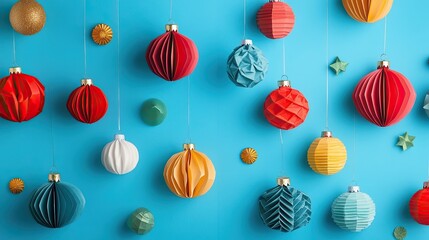 Pattern of Papercraft Baubles on Blue Background