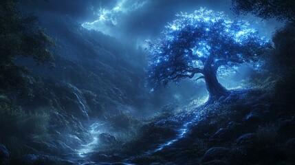 Obraz premium A bioluminescent tree in a fantasy landscape, casting soft, natural light in a darkened forest setting. 497