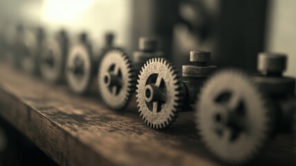 Close-up of rustic metal gears on wood.
