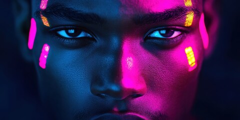 Vibrant Portrait: A striking close-up of a person with neon face paint under dramatic lighting, ideal for artistic projects.