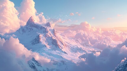 Majestic Snowy Peaks pierce through ethereal pink clouds at sunset creating a serene view