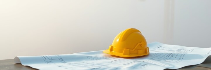 Fototapeta premium Construction helmet on blueprints conveying a sense of preparation for a project showcasing planning and safety in a bright, minimalistic workspace