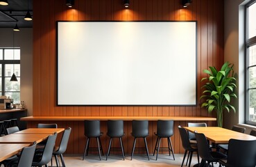 Modern cafe interior with large blank screen. Wooden wall panels. Black chairs and light brown tables. Empty space. Suitable for product display. Trendy design.