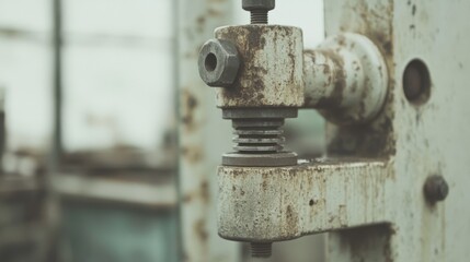 Close-up of rusty, weathered industrial machine part with bolts and springs.
