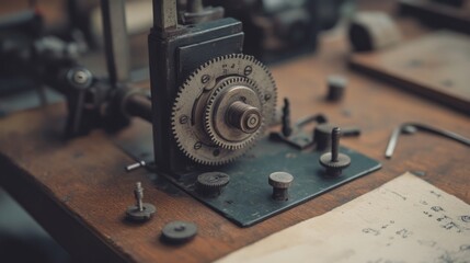 Fototapeta premium Close-up of vintage mechanical gear mechanism on wooden table with tools.