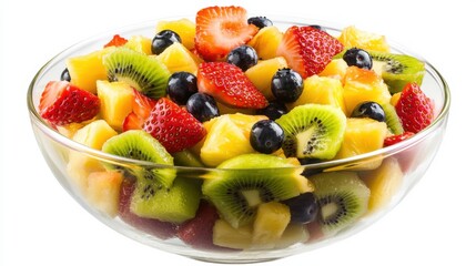 A refreshing bowl of mixed fruit salad with diced strawberries, pineapple chunks, kiwi slices