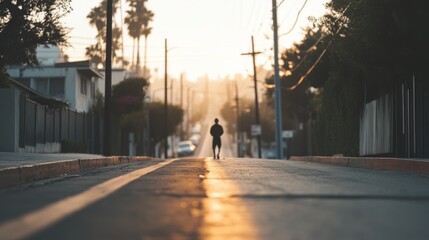 Man walking uphill street at sunrise.