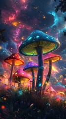 Fototapeta premium Vibrant psychedelic mushroom landscape set against a captivating cosmic galaxy background creating a surreal and mind expanding visual experience The glowing