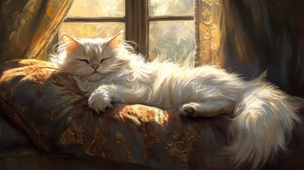 Serene Sunlight: A White Cat's Peaceful Slumber by the Window