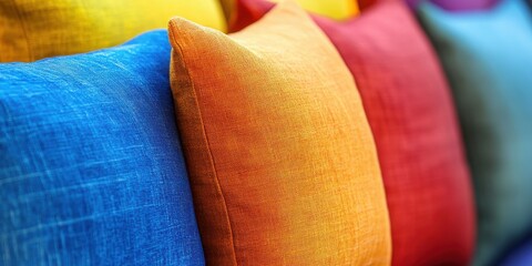 Vibrant Textile Arrangement: Colorful cushions in shades of blue, red, and orange, perfect for home decor or interior design inspiration.