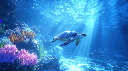 Obraz premium Serene Underwater Scene: Sea Turtle Gracefully Navigating a Vibrant Coral Reef