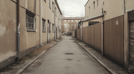 Obraz premium Narrow alleyway between aged buildings on a gloomy day.