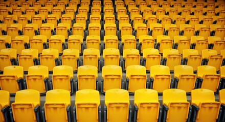 Fototapeta premium Empty stadium seats in yellow form geometric pattern. Sport arena empty. Modern plastic seating. No fans. Empty sections. Concept photo of cultural environment. Public venue. Open air. Outdoor
