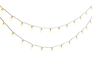 a photorealistic image of a string of warm white fairy lights draped across in white background. The lights evenly spaced and glowing softly