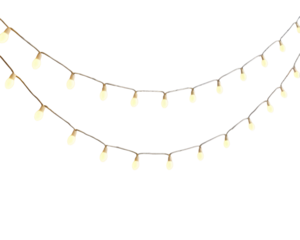 a photorealistic image of a string of warm white fairy lights draped across in white background. The lights evenly spaced and glowing softly