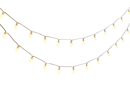 a photorealistic image of a string of warm white fairy lights draped across in white background. The lights evenly spaced and glowing softly