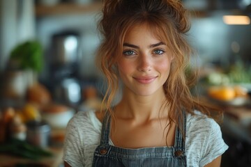 Obraz premium mother cooking in a warm kitchen surrounded by ingredients and utensils capturing a nurturing atmosphere filled with love and care as she prepares a meal for her family
