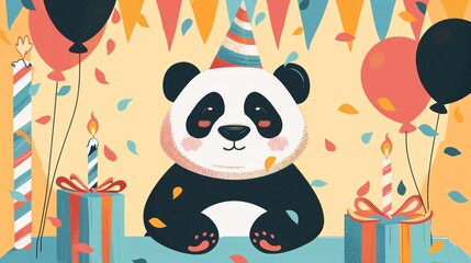 Panda Animal Birthday Party Flat Vector Illustration