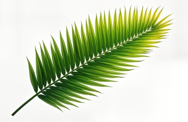 Closeup tropical palm leaf isolated on white background. Green vibrant leaf details showcase nature. Leaf in perfect condition, ready for various design, decor projects. Ideal for eco, floral theme.